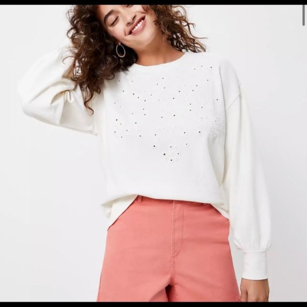 Loft Plus White Embroidered Eyelet Balloon Sleeve Sweatshirt - Picture 2 of 8